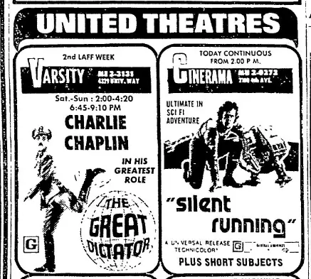 Portion of a United Theatres newspaper ad showing listings for the Varsity and the Cinerama