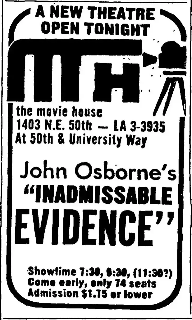Newspaper advertisement for opening night of The Movie House, with the movie INADMISSABLE EVIDENCE